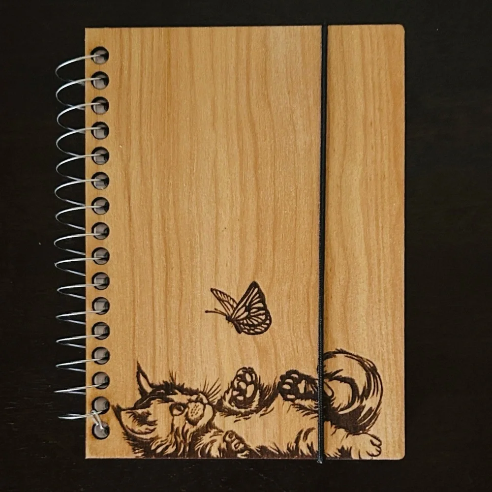 🦋 Kitten & Butterfly Wooden Artisan Handmade Notebook NWT